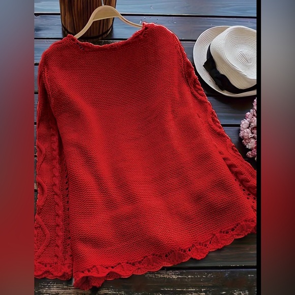 Perfect Red Holiday Cable Knit Scallop Trim Button Closure Cardigan Sweater - Picture 3 of 3